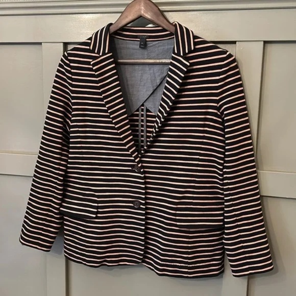 J. Crew Maritime Blazer Jacket Black Tan Stripe Button Front Cotton Knit Medium - Picture 4 of 8